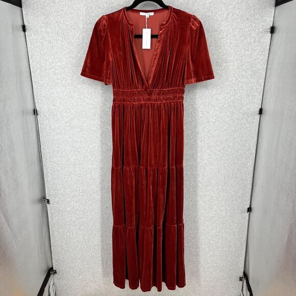 Baltic Born Artemis Velvet Maxi Dress Size XL Terracotta Red Tiered Romantic NEW - Picture 1 of 11